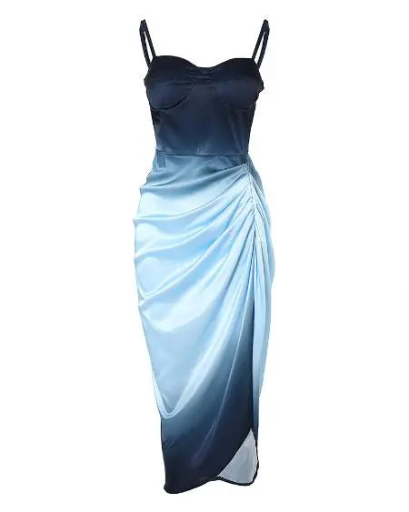 Satin Dress with Ombre Design Ruched Detail & High Split