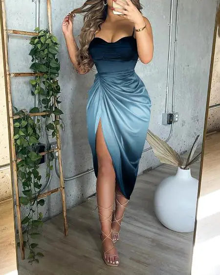 Satin Dress with Ombre Design Ruched Detail & High Split