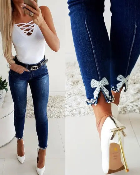 Jeans with Beaded Slits & Bowknot Design