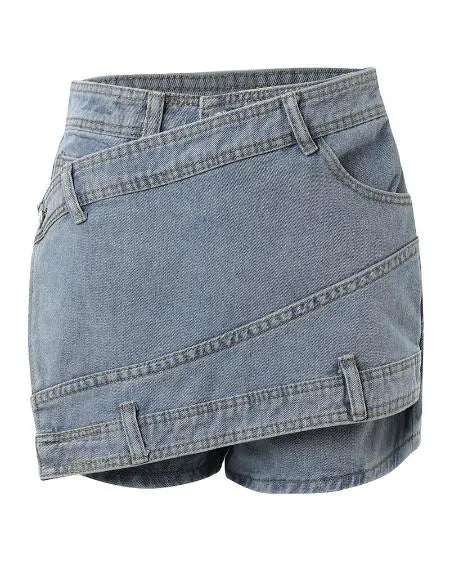 Asymmetrical Denim Wrap Skorts