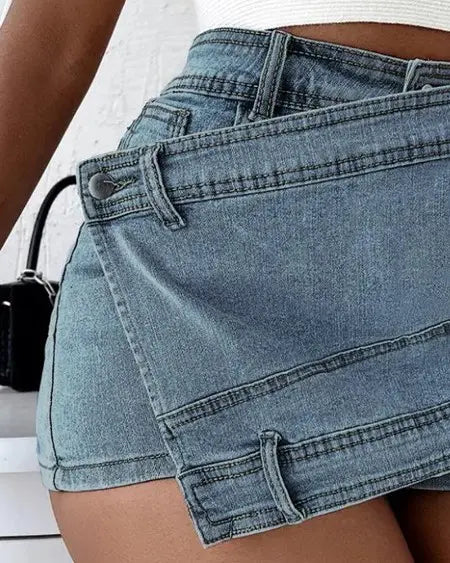 Asymmetrical Denim Wrap Skorts
