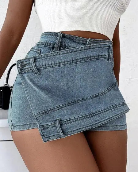 Asymmetrical Denim Wrap Skorts
