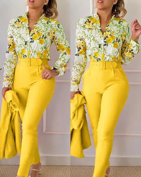 Floral & Baroque Print Shirt & High Waist Pants Combo