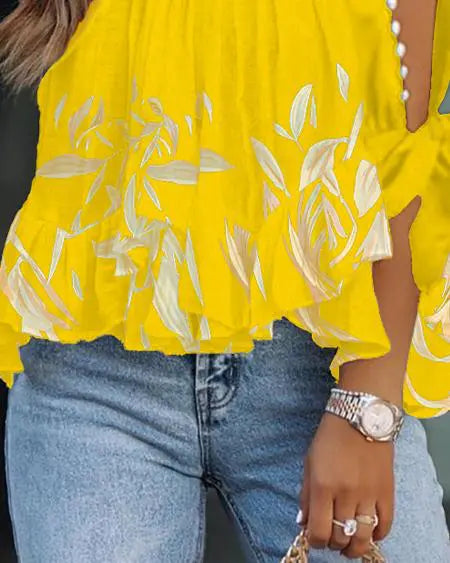 Split Sleeve Top with Plant Prints & Beads