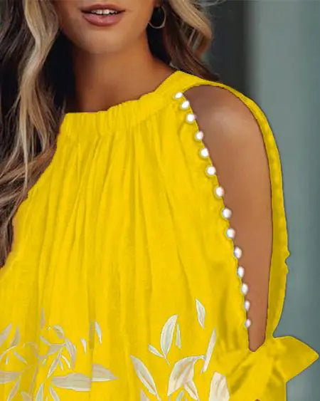 Split Sleeve Top with Plant Prints & Beads