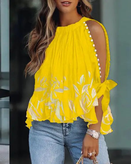 Split Sleeve Top with Plant Prints & Beads