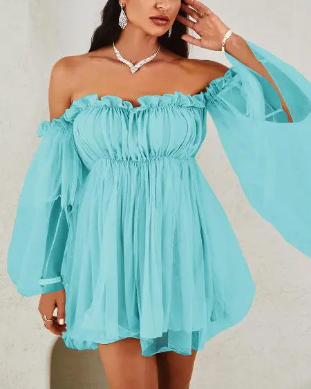 Doorzichtige mesh-swingjurk met off-shoulder en ruches 