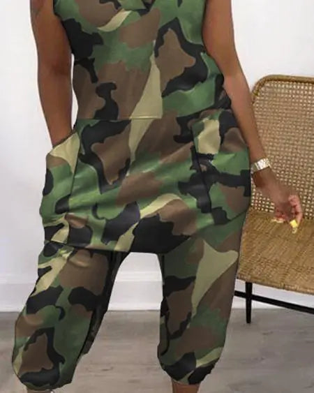 Camo V-Neck Jumpsuit with Sleeveless Pockets