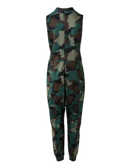 Camo V-Neck Jumpsuit with Sleeveless Pockets