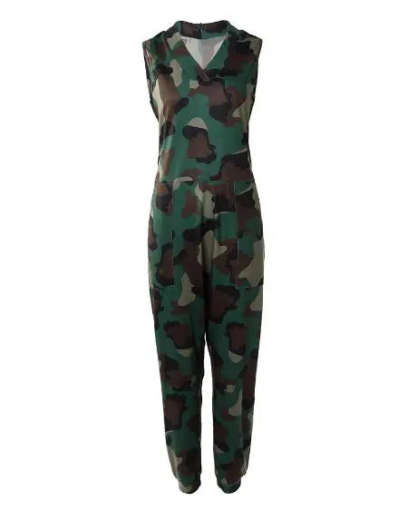 Camo V-Neck Jumpsuit with Sleeveless Pockets