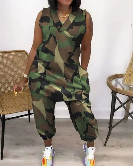 Camo V-Neck Jumpsuit with Sleeveless Pockets