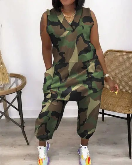 Camo V-Neck Jumpsuit with Sleeveless Pockets