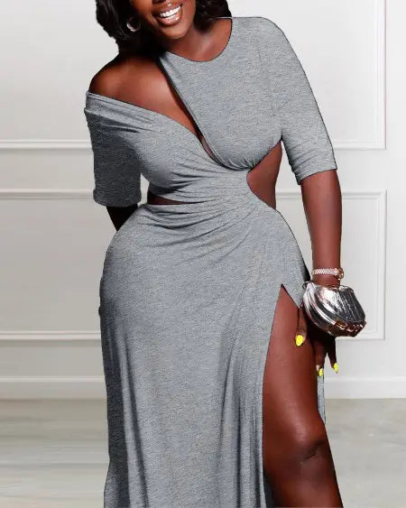 Maxi Dress with Asymmetrical Neck & Slit Design