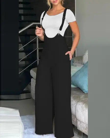 Suspender Jumpsuit with Wide Legs & Pockets