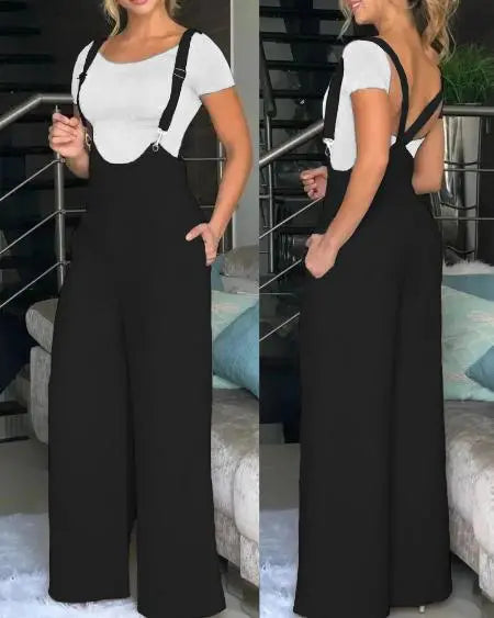Suspender Jumpsuit with Wide Legs & Pockets