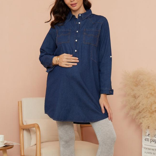 Maternity Mandarin collar Plain Blue Short A Long-sleeve Dress