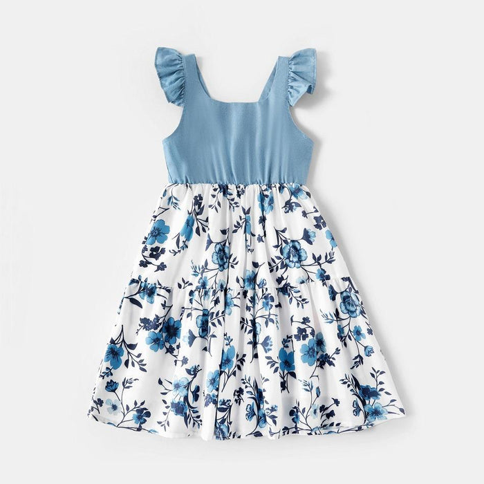 Family Matching Floral Flounce Tank Dresses and Denim Tops