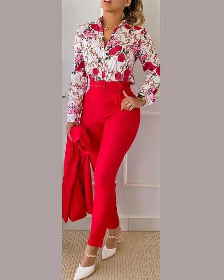 Floral & Baroque Print Shirt & High Waist Pants Combo