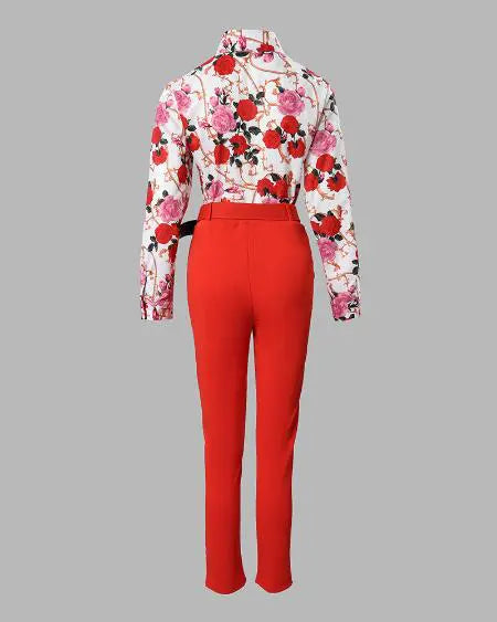 Floral & Baroque Print Shirt & High Waist Pants Combo