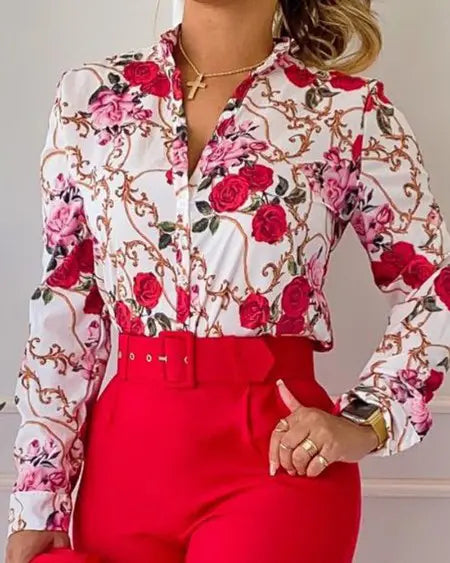 Floral & Baroque Print Shirt & High Waist Pants Combo