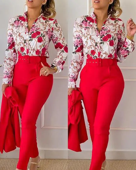 Floral & Baroque Print Shirt & High Waist Pants Combo