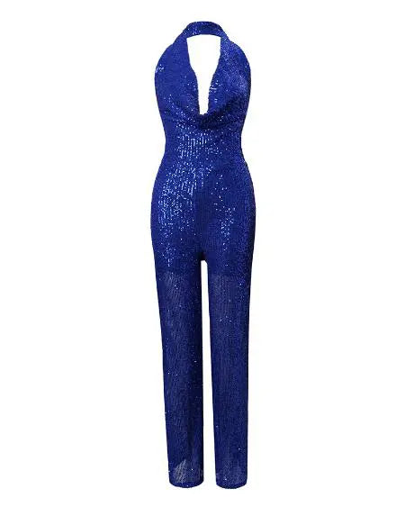 Backless Jumpsuit with Sequin and Halter Neck