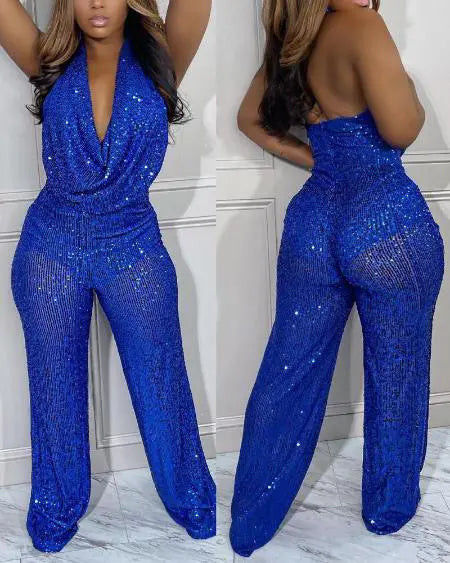 Backless Jumpsuit with Sequin and Halter Neck