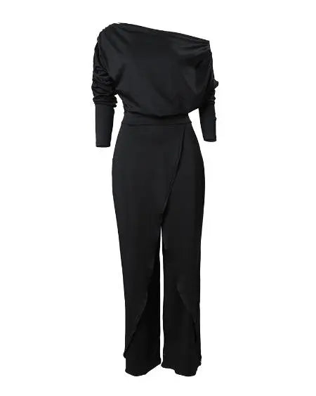 Skew Neck Ruched Jumpsuit with Split Hem