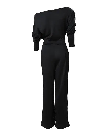 Skew Neck Ruched Jumpsuit with Split Hem