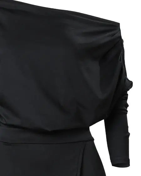 Skew Neck Ruched Jumpsuit with Split Hem