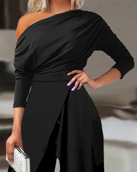 Skew Neck Ruched Jumpsuit with Split Hem