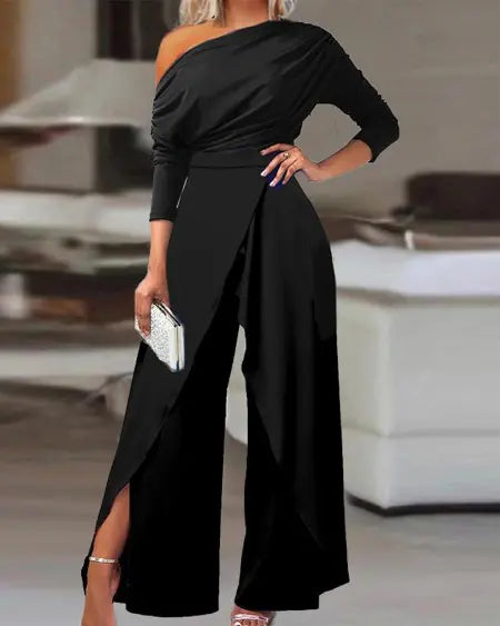 Skew Neck Ruched Jumpsuit with Split Hem