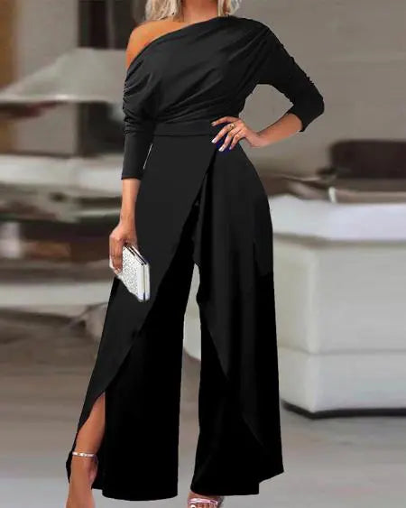 Skew Neck Ruched Jumpsuit with Split Hem