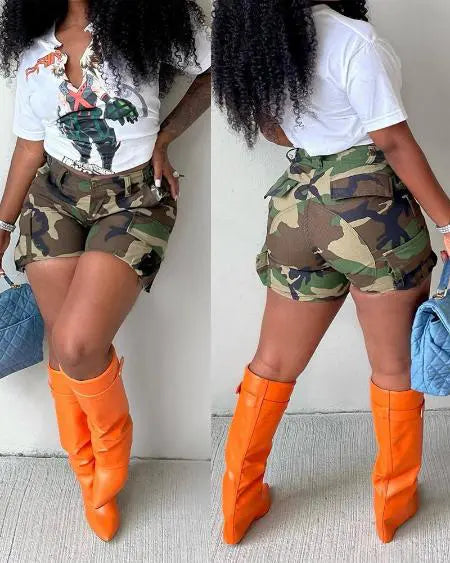 Camouflage shorts met hoge taille 