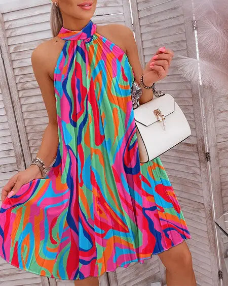 Casual Dress with Abstract Design & Pleats
