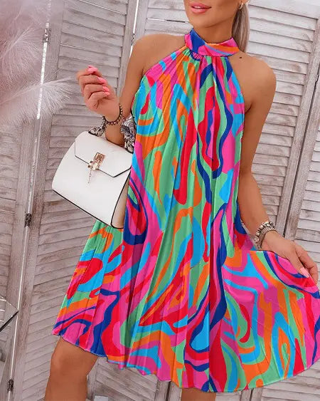 Casual Dress with Abstract Design & Pleats