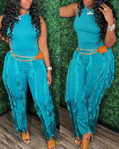 Casual Tank Top & Drawstring Pants with Tassel