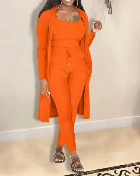 Ribbed Cami Top Pants & Long Coat Set