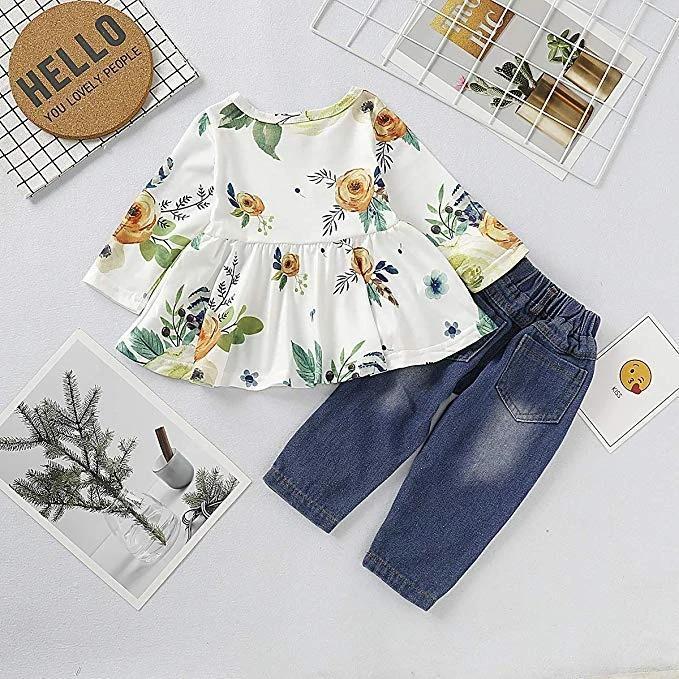 Lovely Floral Ruffle Long-sleeve Top and Jeans Set