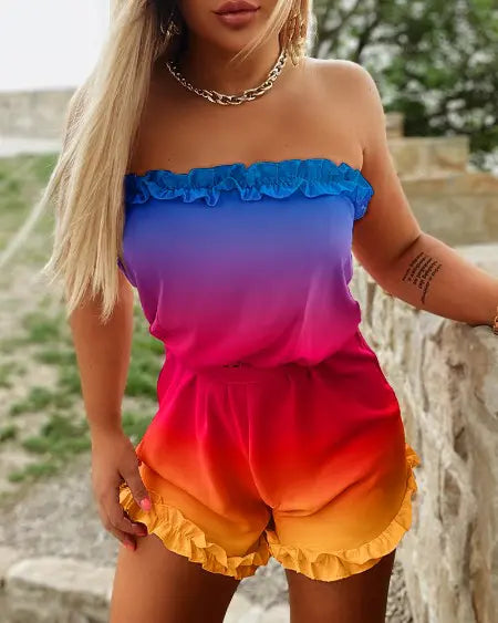 Bandeau Romper with Ombre Design & Frill Hem