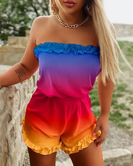Bandeau Romper with Ombre Design & Frill Hem