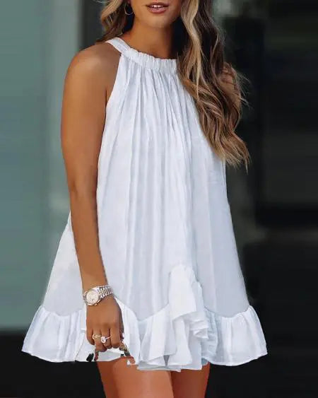 Halter Swing Dress with Sleeveless Design & Ruffles Trim