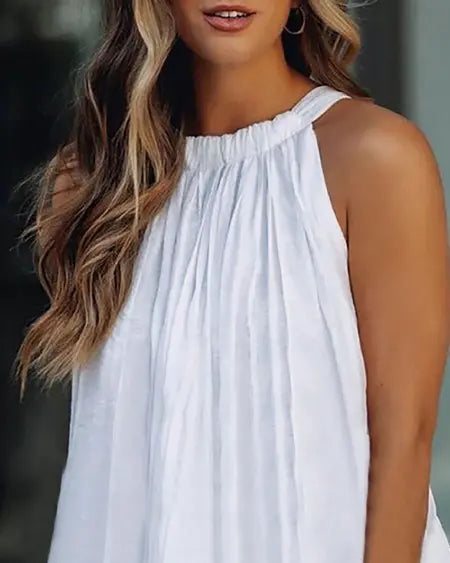 Halter Swing Dress with Sleeveless Design & Ruffles Trim