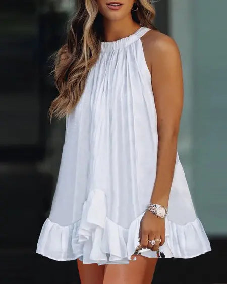 Halter Swing Dress with Sleeveless Design & Ruffles Trim