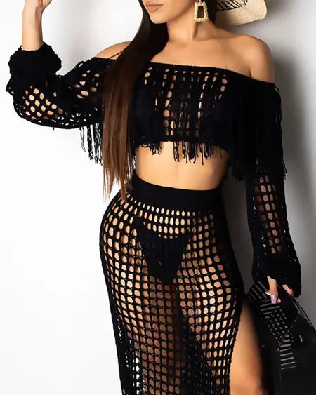 Crochet Beachwear: Mesh Top Skirt & Tassel Sets