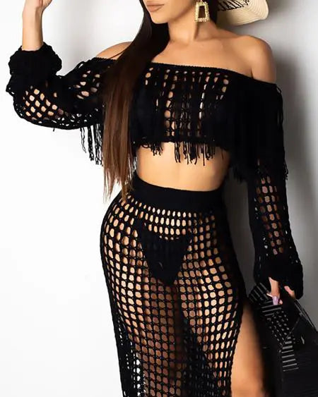 Crochet Beachwear: Mesh Top Skirt & Tassel Sets