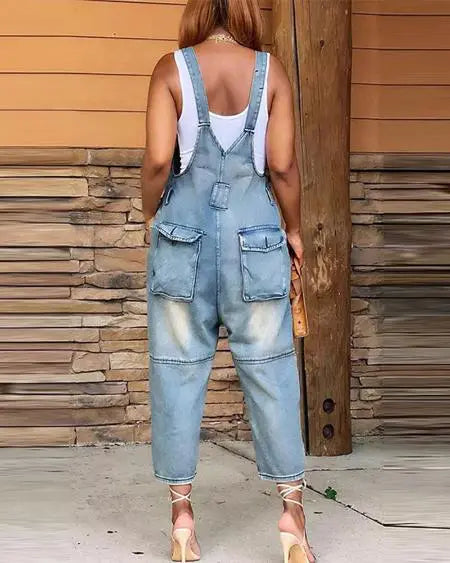 Denim jarretel-jumpsuit met knopen en zakken 