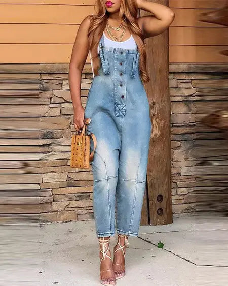 Buttoned Denim Suspender Jumpsuit with Pockets