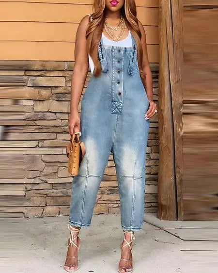 Buttoned Denim Suspender Jumpsuit with Pockets