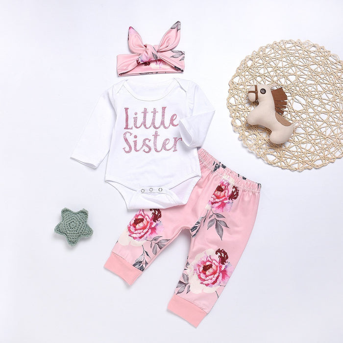 "Little sister" Sweet Baby Girl Floral Letter Printed Set